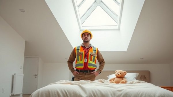 Modern loft conversion with surprised worker in bedroom.
