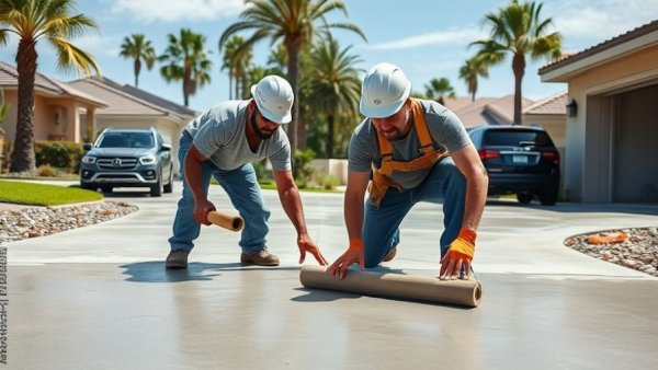 Driveway extension construction techniques with workers smoothing concrete.
