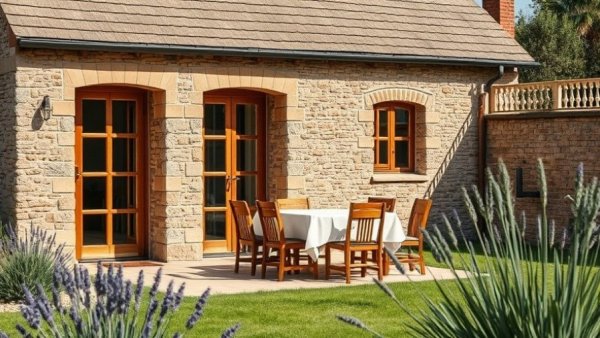 Rustic home extension with outdoor seating in a lush garden setting.