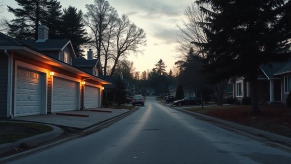 Driveway installation progress in residential area at twilight.