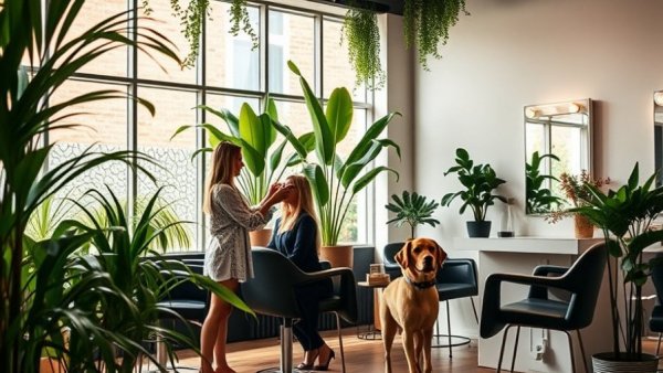 Modern beauty salon, women styling hair and relaxing, natural light.