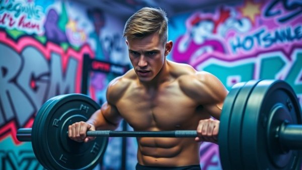 Man deadlifting in gym with intense focus, vibrant graffiti.