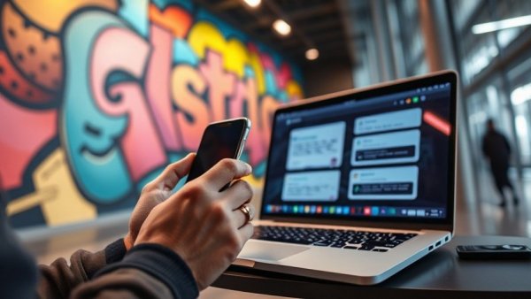 Modern feedback collection using smartphone and laptop with vibrant background.