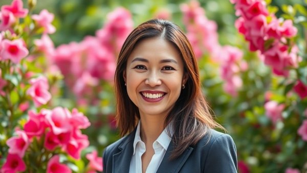 Smiling woman in garden with vibrant blooms, representing decentralization in hospitality.