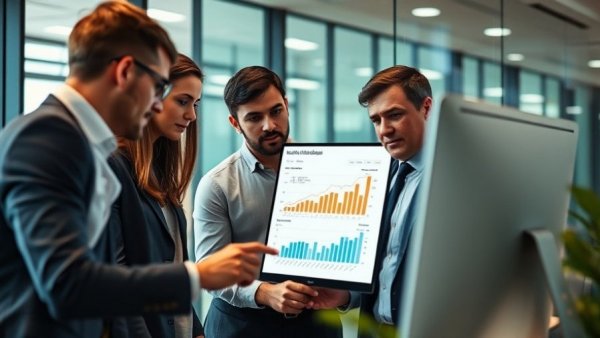 Professional team evaluates paid website traffic data, office setting.