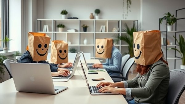 Two people with smiley bags working on laptops in office, highlighting customer feedback importance.