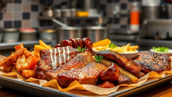 Vegas-style BBQ platter with meats and sides at smokehouse.