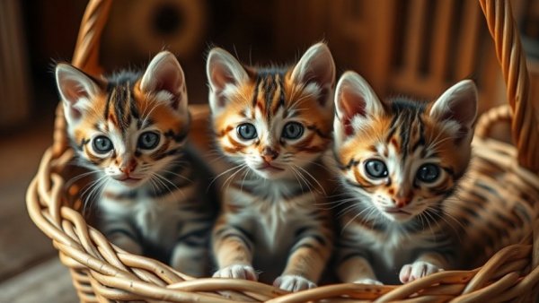 Adorable kittens in a basket indoors, emphasizing warmth and curiosity.