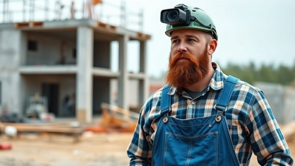 Construction worker in overalls with head camera discussing foundation methods.