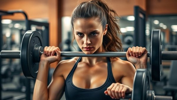 Focused woman lifting barbell during workout routine