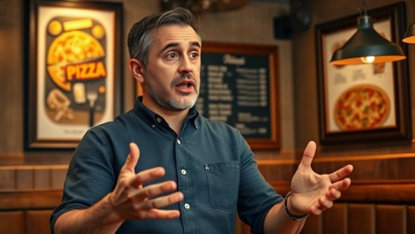 Man explaining pizza cooking in a warm restaurant setting.