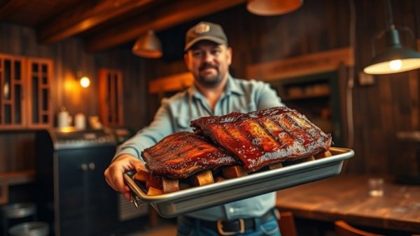 BBQ smokehouse interior with a person holding ribs, wooden decor.