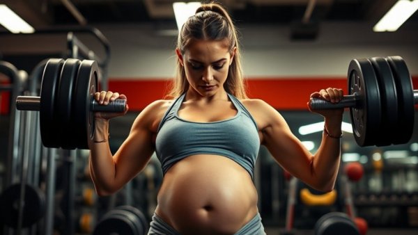 Pregnant woman lifting weights, focused and determined, in a gym setting.