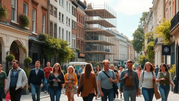 Lively London street with people and loft conversion scaffolding.