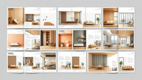 Customizable InDesign catalog layout showing modern interiors.