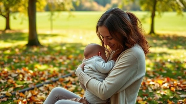Mother holding baby in peaceful park setting, highlighting prenatal care benefits.
