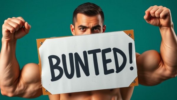 Muscular man holding busted sign, photorealistic image on teal background.