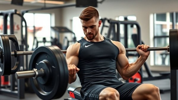 Athletic man bench pressing a barbell in a modern gym.