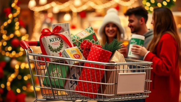 Keto diet for weight loss promotional image with gifts and joyful people.