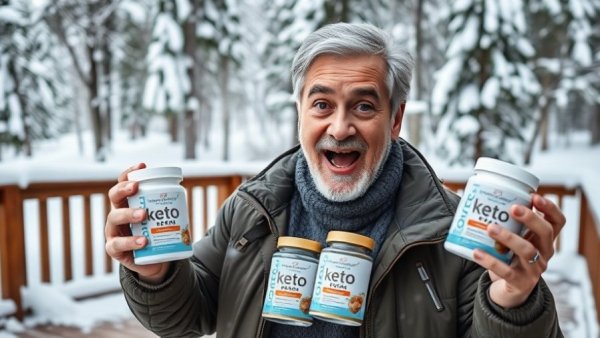 Man showcasing keto diet products for weight loss in snowy setting.