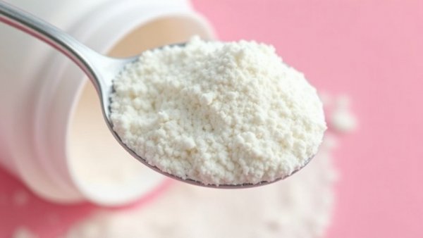 Close-up of collagen powder scoop highlighting benefits.