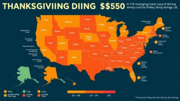 Map of Thanksgiving dining costs in U.S. cities highlighting holiday dining trends.