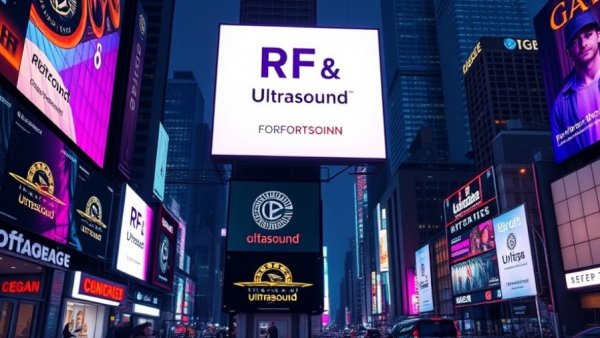 Billboard showcasing RF and Ultrasound Devices for Aesthetic Treatments in urban night scene.