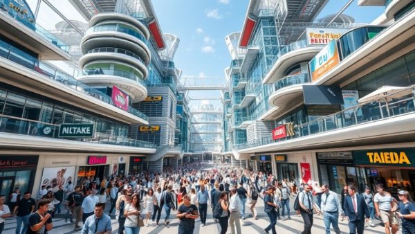 Futuristic commercial property in the UK with bustling crowd.