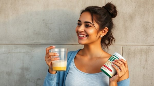Woman enjoying drink with creatine and pre-workout supplement.