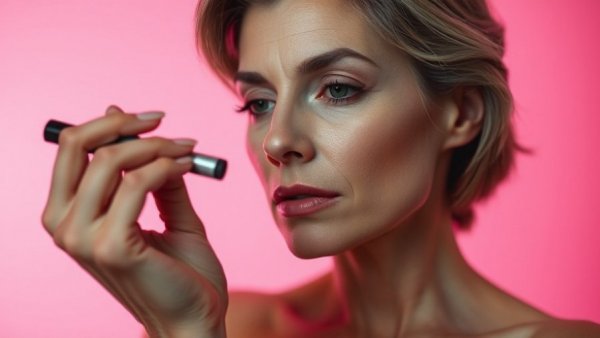 Mature woman applying natural makeup, soft pink background.