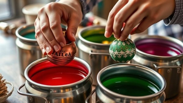 Hands dipping ornaments in wax pots for DIY wax-dipped holiday ornaments.