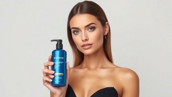 Stylish woman holding drugstore shampoo and conditioner, confident expression.