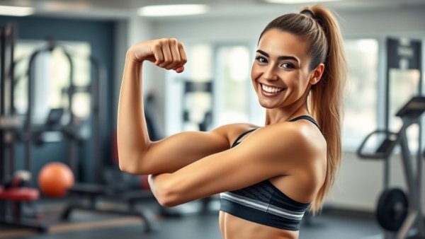 Smiling athletic woman flexing arm in gym, showcasing best workout split for women.