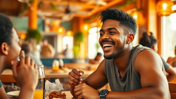 Young man dining at a Caribbean restaurant in London, laughing.