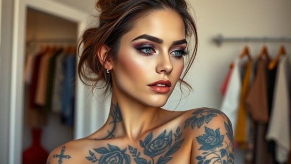 Confident woman flaunting purple eyeshadow looks, elegant tattoos, soft light.