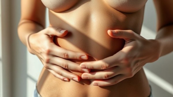 Close-up of a woman's abdomen with hands on it.