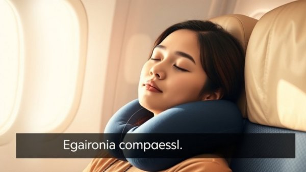 Woman resting with neck pillow in airplane, holiday travel ergonomics tips.