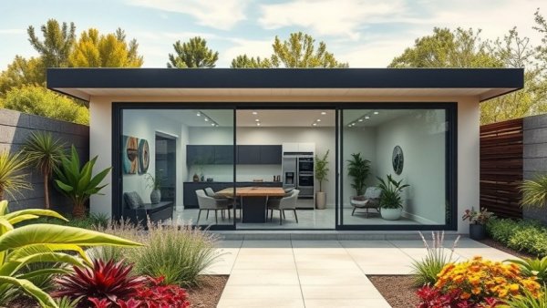 Modern multipurpose garden room amidst lush greenery