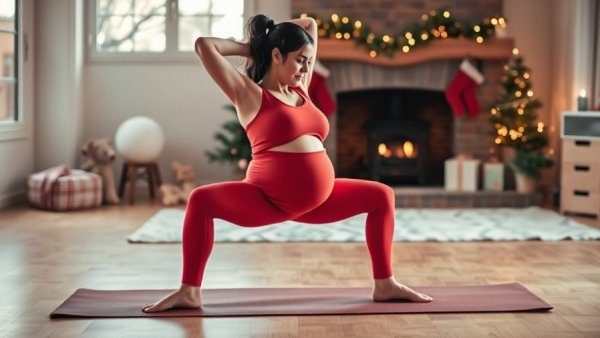 Pregnant woman doing frog stretch exercise near cozy fireplace.