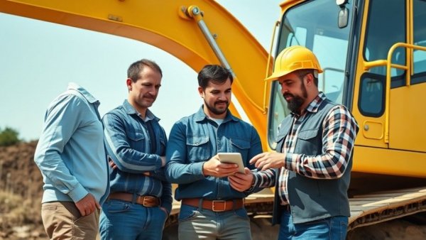 Men inspecting machinery with Trimble technology outdoors.