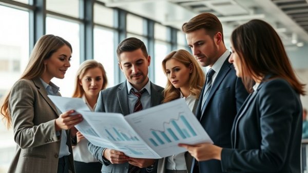 Team analyzing brand reputation monitoring data in modern office.