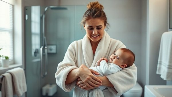 Exhausted woman in bathrobe with baby in modern bathroom, humorous scene.