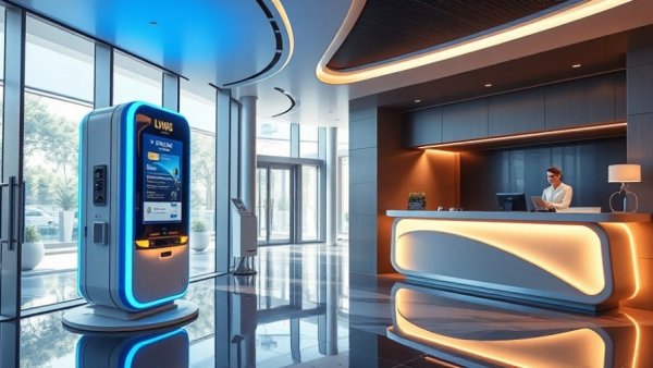 Futuristic smart hotel tech vs human warmth in modern lobby.