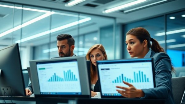 Team monitoring brand reputation data in London office setting.