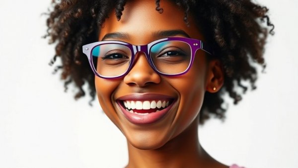 Joyful woman smiling with purple glasses on plain white background.