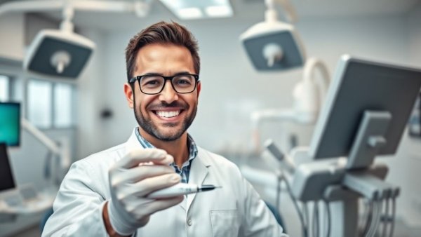 Dentist with advanced equipment in a modern clinic.