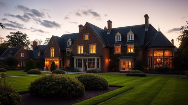 Elegant Washington winery at dusk with garden.