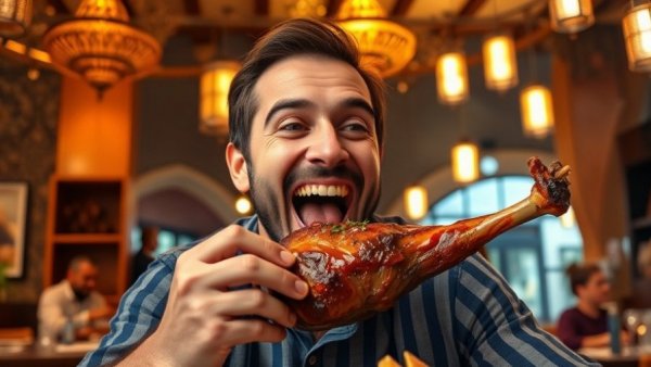 Authentic Moroccan cuisine dish held by smiling man in vibrant restaurant.