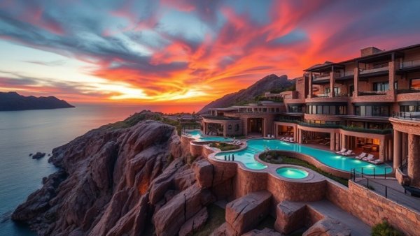 Luxury travel resorts: Modern resort in rocky cliffs with infinity pools at twilight.