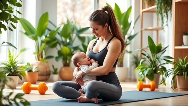 Young mother on yoga mat holding baby, pre-workout while breastfeeding setting.